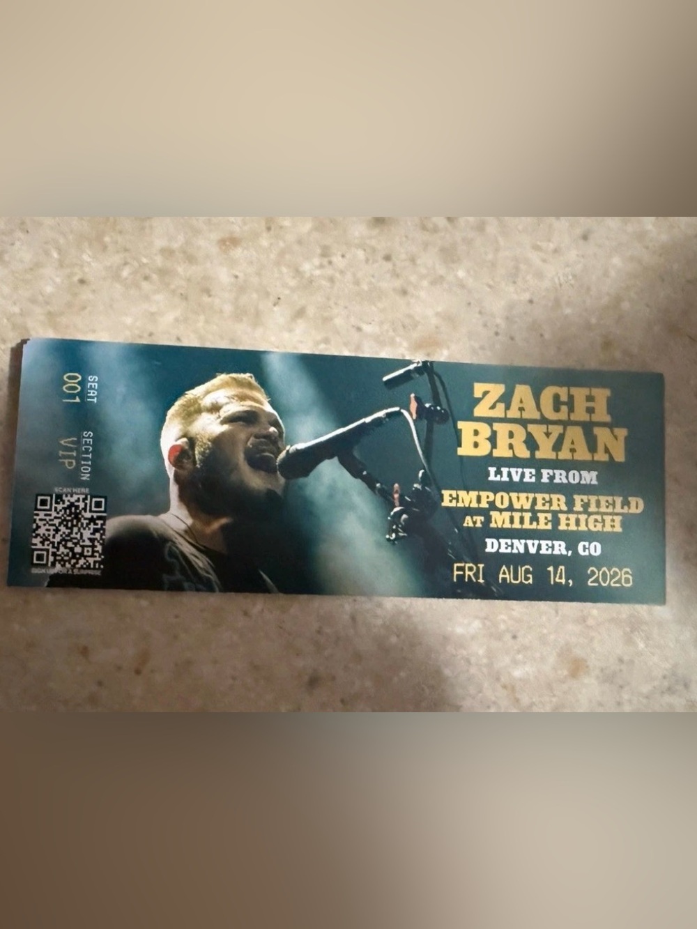 Zach Bryan 2026 Commemorative Concert Ticket Souvenir Denver, Co